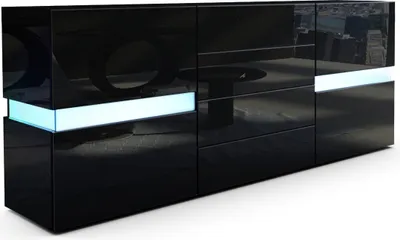 Produktbild von Vladon Sideboard Flow,  Germany, Schwarz Hochglanz/Schwarz Hochglanz inkl. LED - Moderne Kommode mit Ambient Light Verglasung für Ihr Wohnbereich (177 x 75 x 39 cm)