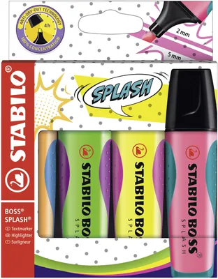 Obrázek produktu pro Zvýrazňovač - STABILO BOSS SPLASH - balení 4 ks - žlutá, oranžová, zelená, růžová