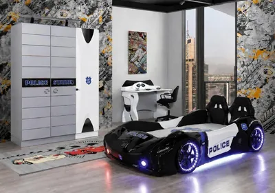 Immagine prodotto di Polizei Autobett Kinderbett Rennwagen LED Kleiderschrank Schreibtisch