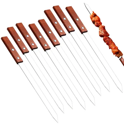 Imagen del producto de Brochetas planas, juego de 8 unidades, 40 cm de longitud, de acero inoxidable con mango de madera, ideales para barbacoas y camping