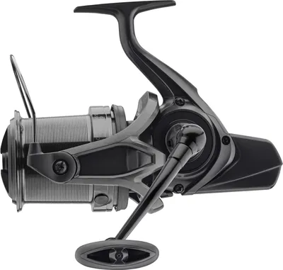 A black and gray fishing reel is shown against a white background.