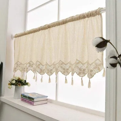 Produktbild von Ibenzoa® Kurzvorhang Landhaus Vintage mit Quasten & Hohlhaken, Baumwolle-Leinen, 45 x 150 cm, lichtdurchlässig 35–50% für Küche & Wohnzimmer