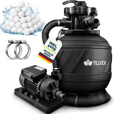 Obrázok produktu pre Pieskový filter tillvex® pre bazény s prietokom 7 900 l/h vrátane 400 g filtračných guličiek | Filtračný systém s 7-cestným ventilom a adaptérom 2 v 1 Ø 32 mm – 38 mm | Bazénový filter s tlakomerom | Pieskový filter pre bazény AquaBlack Pro