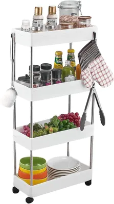 Immagine prodotto di Carrello portaoggetti per la cucina, 4 ripiani, 86 x 40 x 12 cm, con ruote e ganci