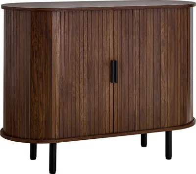 Produktbild von Kaffeebar-Schrank, Kaffeebar-Tisch im Mid-Century-Stil mit Riffelung, Buffet-Standschrank mit 2 Schiebetüren, Sideboard-Buffetstation für Wohnzimmer, Eingangsbereich, Küche, 100 x 40 x 75 cm, Walnuss