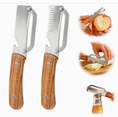 Produktbild von Gemüseschäler 3in1 – 2 Stück Sparschäler Edelstahl Holzgriff,Julienne & Flaschenöffner, Sparschäler für Obst,Gemüse