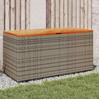 Produktbild von Gartentruhe Grau 110 x 50 x 54 cm Poly Rattan mit Akazienholz, Kissenbox, Auflagenbox, Aufbewahrungsbox für Garten Balkon Terrasse, wetterfest, Stauraum, Sitzfunktion
