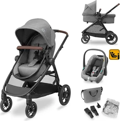 Produktbild von Maxi-Cosi Zelia S Trio Kinderwagen 3 in 1 Komplettset, Zusammenklappbar, Kompakt, Verstellbarer Baby Kinderwagen, mit CabrioFix S i-Size Babyschale, Zubehör, Wickeltasche, 0-4 Jahre, bis 22 kg, Grey - Grau
