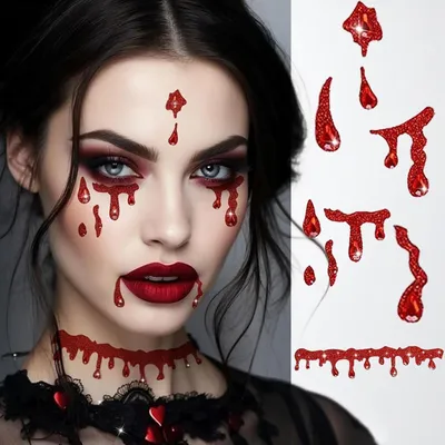 Produktbild von Vampir Schminkset Erwachsene Halloween Glitzersteine Gesicht Selbstklebend Hexenhut