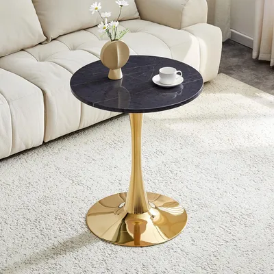 Produktbild von okwish Beistelltisch Rund, kleiner Esstisch,Holzmaserung Tischplatte - Einbein Gestell - Stabiler Trichterfuß Für Wohnzimmer,Schwarz+Gold