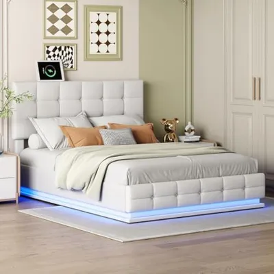 Imagen del producto de Cama doble de 140x200 cm - Estructura de cama tapizada en blanco con espacio de almacenamiento de 32,5 cm y control remoto