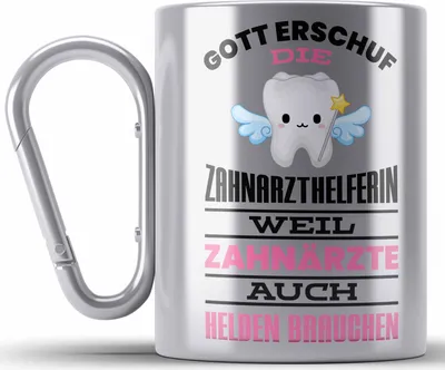 Produktbild von Trendation - Zahnarzthelferin Edelstahl Tasse Karabiner Geschenk Lustig Zahnarzt Damen Kollegin Geschenkidee Zahnmedizinische Fachangestellte (Silber)