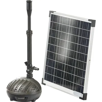 A solar panel and a pond pump are shown against a white background.
