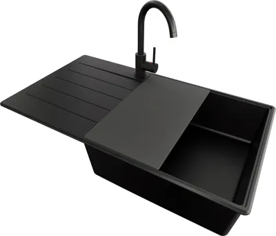 Produktbild von PRIMAGRAN Granitspüle Alles Schwarz 90x50cm, Spülbecken 1 Becken + Ablauf-Set + Küchenzubehörset, Küchenspüle ab 60er Unterschrank - Kopenhagen