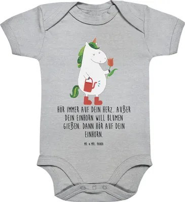 Produktbild von Mr. & Mrs. Panda Einteiler Einhorn Gärtner 12. - 18. Monat - Heather Grey - Geschenk, Stiefel, overall baby, Giesskanne, Kurzarmbody, Strampler, Unicorn, Garten, Blume
