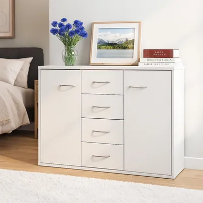 Image de Commode 88 x 30 x 63,5 cm avec 4 tiroirs, blanche Buffet grande capacité, résistant aux rayures et imperméable Commode, tiroirs modernes