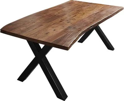 Produktbild von Esszimmertisch 160x85 cm Xanten, Baumkantentisch nussbaumfarben, Akazienholz massiv, X-Gestell aus Metall schwarz