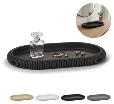 Image de Plateau décoratif ovale strié Japandi, vide-poche pour bijoux, clés, parfums – Noir