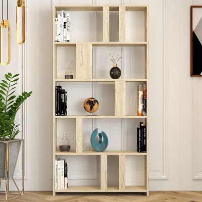 A bookshelf filled with books and decorative items.