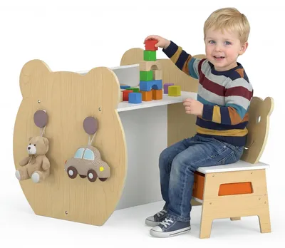 Produktbild von Kindertisch und Stuhl Set, 3-in-1 Aktivitätstisch-Set für Kinder, Kinderschreibtisch mit Stauraum & Whiteboard (Natur)
