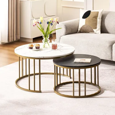 Produktbild von CLIPOP Couchtisch 2er Set Rund mit Marmoroptik, Metallgestell Gold Beistelltisch für Wohnzimmer Ø70+50cm, Weiß Schwarz