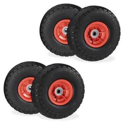 Image de Relaxdays, jeu de 4 roues pour diable, anti-crevaison, caoutchouc plein, 4.10/3.50-4", jantes en plastique, charge max. 150 kg, 260 x 85 mm, noir et rouge