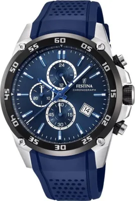 A close-up studio shot of a blue Festina chronograph watch with a blue rubber strap.