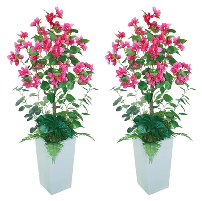 Immagine prodotto di Alberi di bougainvillea artificiali - Set da 2 - 120 cm - Resistenti ai raggi UV - Verde - Vasi alti bianchi - Adatti per esterni e interni