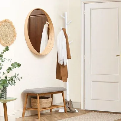 Image de Porte-manteau Unyqoos® en bois de hêtre, autoportant, avec 8 crochets, hauteur réglable (3 niveaux), diamètre 3 cm, capacité de charge de 30 kg, base antidérapante