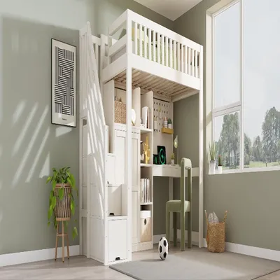 Productafbeelding van Kinderbed met hemelbed, 90x200 cm, met bureau, leertorenkast en kledingkast, open planken, USB/USB-C poorten, lattenbodem, wit