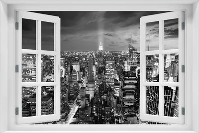 Produktbild von Wallario Wandbild aus Acryl, 60 x 90 cm, freischwebende Optik - New York bei Nacht - Panoramablick über die Stadt - schwarzweiß mit Fenster-Illusion