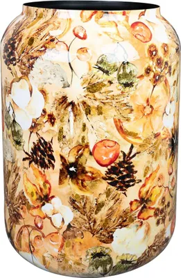 A close-up view of a decorative vase with a floral and autumnal pattern.
