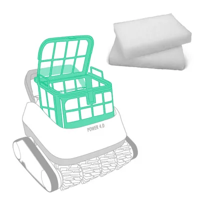 A pool robot with a highlighted filter basket and two replacement filters.
