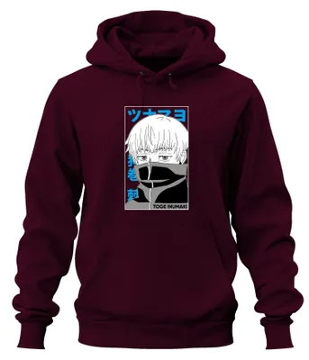 Zdjęcie produktu dla Bluza z kapturem Toge Inumaki z anime „Jujutsu Kaisen”, motyw z mangi, mroczny wzór, prezent uni , kolor bordowy, rozmiar L
