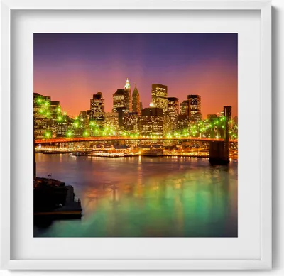Produktbild von Brooklyn Bridge bei Nacht– Wandbild mit Rahmen – Gerahmtes Bild  – Wanddekoration – 50x50 cm –  Weiß Rahmen