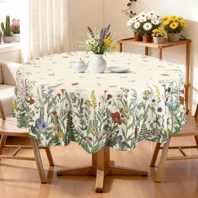 Produktbild von Tischdecke Rund Ø 180cm Polyester Gras Wildblumen Motiv Waschbar