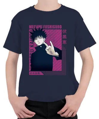 Imagen del producto de Camiseta vintage uni para niños, diseño de Jujutsu Kaisen, con la imagen de Megumi Fushiguro, estilo anime, ideal como regalo. Color: azul marino. Talla: 104