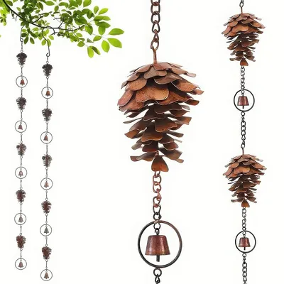 Produktbild von Regenkette Tannenzapfen 1,1 m mit Glocken, dekorative Windspiel Regenkette aus Metall, Gartendeko für Regenrinne & Terrasse