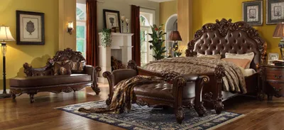 Produktbild von Schlafzimmer Leder Bett Nachttische 5tlg Komplettes Set Betten Holz Chesterfield