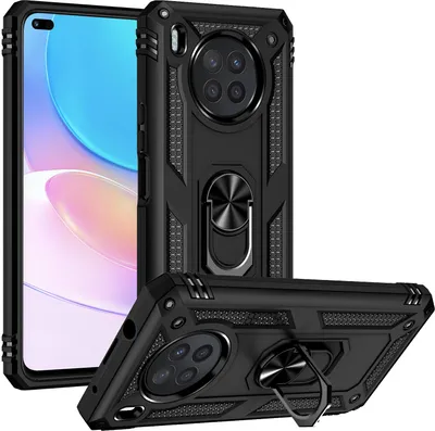 A black protective phone case with a ring holder is displayed from multiple angles, with a phone partially visible.