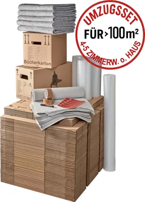 Produktbild von Umzugskomplettpaket 4 bis 5 Zimmer-Wohnung + Häuser (100x Kartons 4x Folie 4kg Papier 2x Klebeband 5x Decken 20x Etiketten 1x Permanentmarker) SET Umzugsset BB-Verpackungen