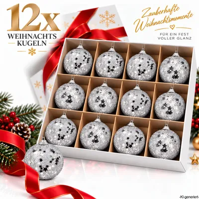 Produktbild von 12er Set Weihnachtskugeln Silber Ø 8 cm mit Glitzer Sternen & Schneeflocken – Christbaumkugeln Weihnachtsbaumschmuck Baumschmuck Weihnachtsdeko