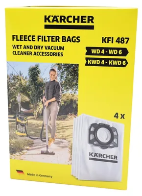 A box of Kärcher fleece filter bags for wet and dry vacuum cleaners, with an image of a woman using a vacuum cleaner outdoors.