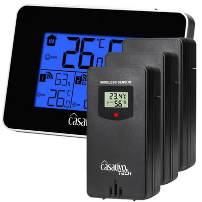 Produktbild von Wetterstation mit 3 Funksensoren, LCD Display – Temperatur, Hygrometer, Wettertrends & Heiz-/Lüftungsempfehlungen für Ihr Wohlbefinden