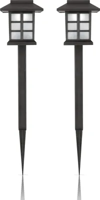 Two solar garden lights with stakes, shown against a white background.