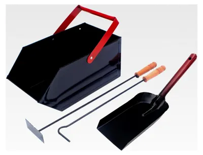 Produktbild von Kaminbesteck Set mit Schürhaken, Aschekratzer, Kehrschaufel und Kohlenkasten/Aschebehälter