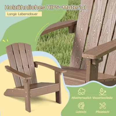 Produktbild von COSTWAY Adirondack Stuhl wetterfest aus HIPS, Gartenstuhl mit ergonomischer Rücken- & Armlehnen, Outdoor-Stuhl für Kinder ab 3 Jahren Braun