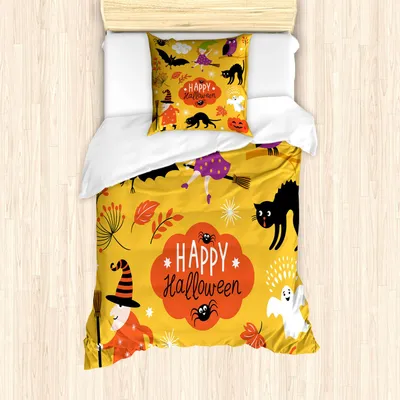 Produktbild von ABAKUHAUS Halloween Bettbezug Set, Doodle Art Charaktere von Bat Spinnen-Hexe-Katzen-Eulen-Geist-Fall-Blättern, 135 x 200 cm + 80 x 80 cm, Blasses Orange Mehrfarbig