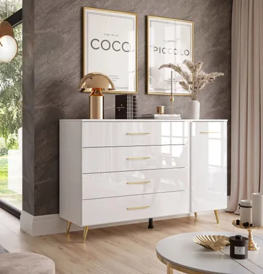 Produktbild von AURA II Kommode mit Griffen und LED Beleuchtung Weiß / Weiß hochglanz, Beine: Gold