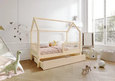 Produktbild von TIMBEE ZOJA Box Hausbett Kinderbett Holz Bett mit Schublade - Unlackiert - 100x200cm